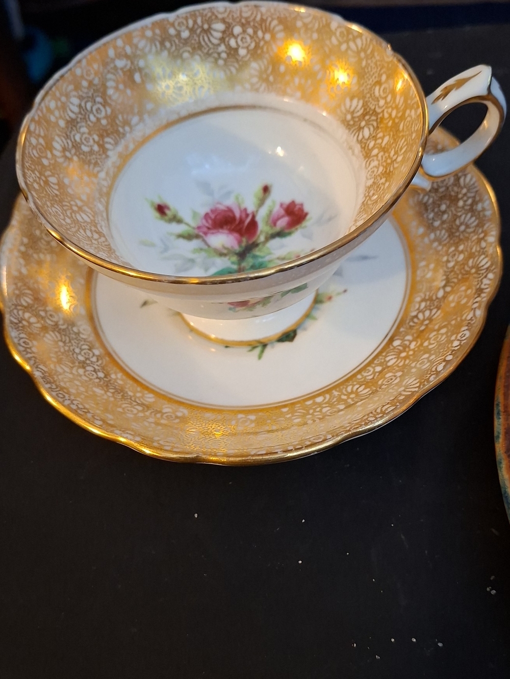 Elegant Gold and White Hammersley Bone China Teacup & Saucer with Rose Motif